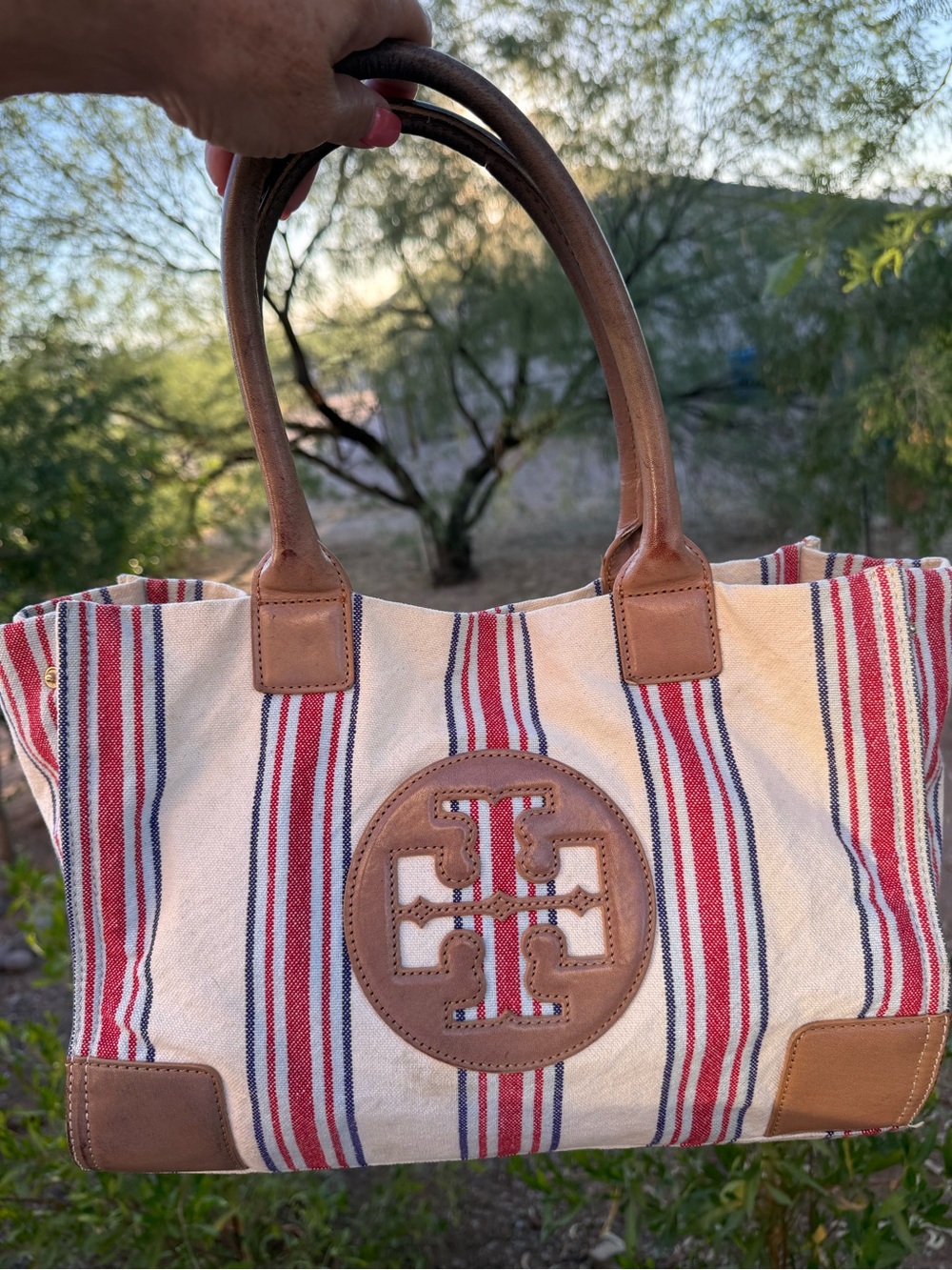 Tory Burch Ella Red, Navy & Cream Striped Canvas Tote with Tan Leather Trim